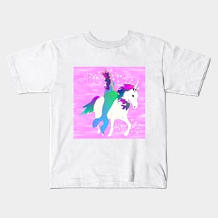 Mermaid on Unicorn with Sparkling Waves Pink 5748 Kids T-Shirt